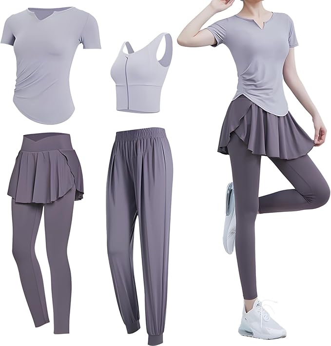 4-Piece Women’S Pilates Clothing Set, Yoga Wear With Tee, Bra, Slim And Wide Pants, Stretch Polyester Spandex, Xxl For 135–150