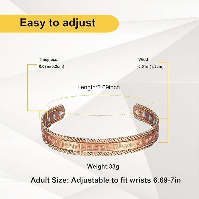 Copper Bracelets for Men Women for Arthritis,6.69in Pure Copper Adjustable Retro Fashion Magnetic Bracelet, Magnetic Jewelry Present(2047)