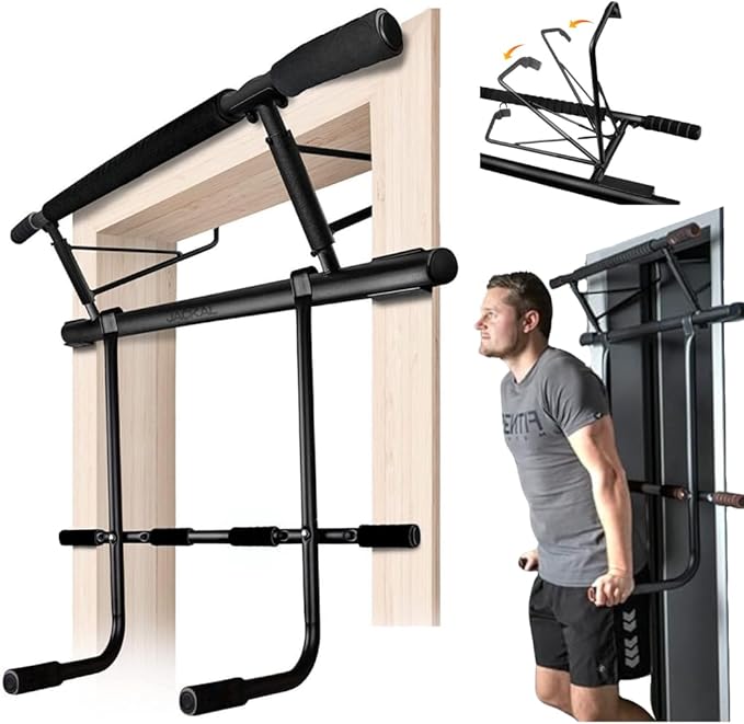 Folding Door Pullup Bar and Dip Bar Station - NO WOBBLE, Home Gym, Easy Storage, Power Tower Dip Station and Pull-up Bar for Doorway, Collapsible Dip Station, No Door Damage, High Weight Capacity, Foldable Bodyweight Workout Station