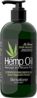 Skinsations - Hemp Massage Oil & Sore Muscle Rub – 100% Organic Relief with Arnica, Turmeric & 10 Essential Oils, Peppermint & Lavender in Sweet Almond & Hemp Seed Oil