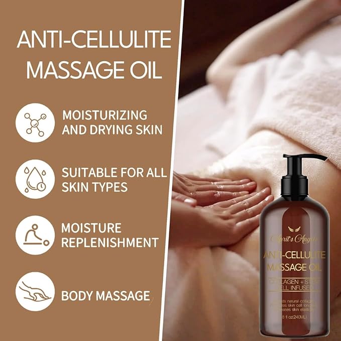 April's Angels Anti-Cellulite Massage Oil with Collagen & Stem Cell Infused. Skin Elasticity, Firmness, Deep Hydration. 8 fl oz