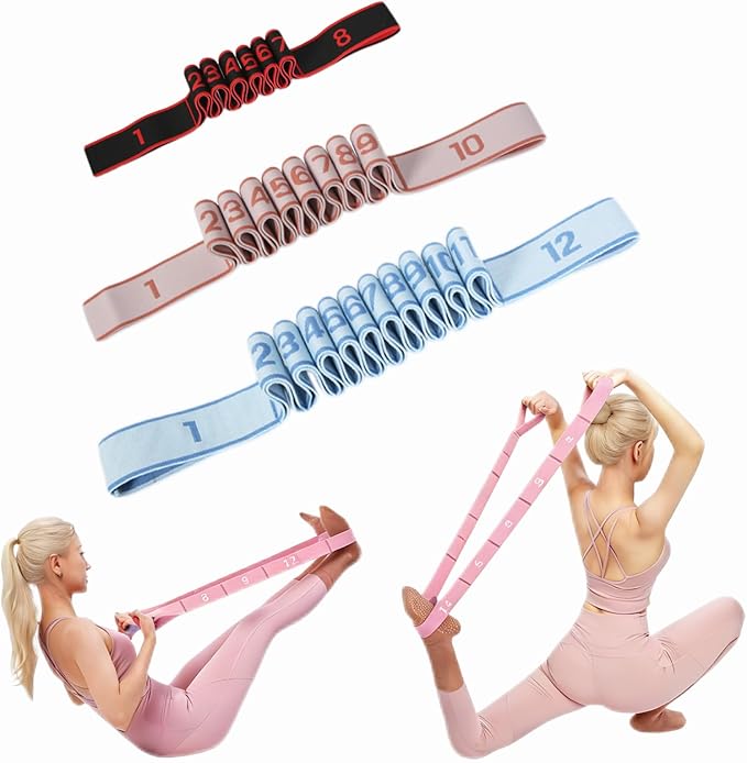 Yoga Strap with 8/10/12 Loops, Pilates Flexbands with Non-Chafe Fabric, Fashion Puller Exercise Bands for Stretching, Yoga, Dance & Full Body Shaping-3pcs