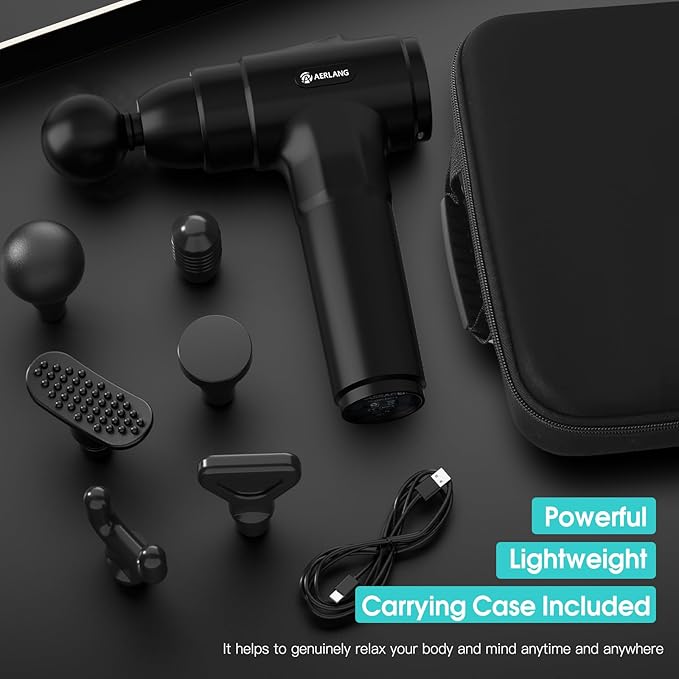 AERLANG Massage Gun, Deep Tissue Muscle Back Massage for Athletes Pain Relief, Percussion Massager with 6 Massages Heads & 20 Speed Fathers Birthday Day Gifts from Daughter Portable Back Massager Gun