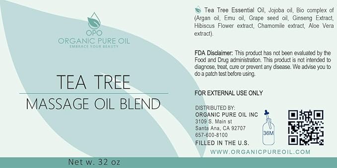 Tea Tree Massage Oil Blend - Natural, Non-GMO, Tea Tree Essential Oil Mix of Jojoba, Argan, Grapeseed & More - 32 oz Bulk - Soothing, Deep Tissue, Muscles, Sensual Relaxation