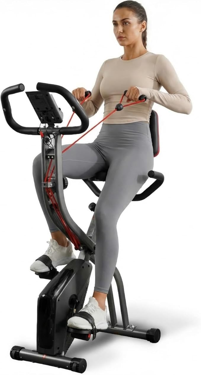 Exercise Bike, 4 IN 1 Stationary Bike, Foldable Folding Exercise Bike with 16-Level Magentic Resistance, Support Back Pad and Phone/Tablet Holder, Arm Resistance Band, Pulse Sensor, LCD Monitor for Home Workout 265LB Capacity