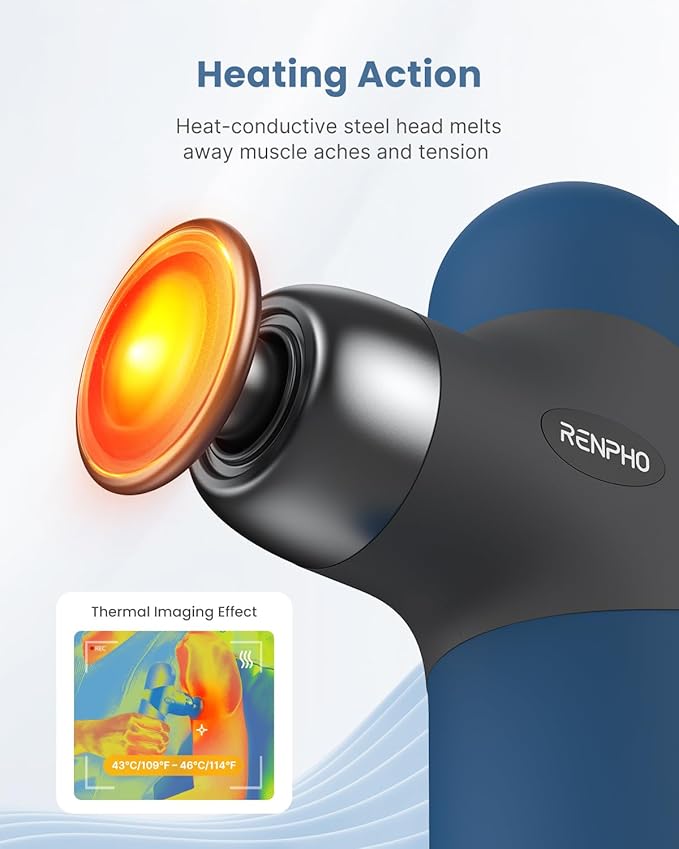 RENPHO Mini Thermal Massage Gun with Heat, Portable Deep Tissue Percussion Massager with 4 Heads for Neck & Back Comfort, Ultra-Quiet Operation for Home, Office & Travel, Includes Compact Carry Case