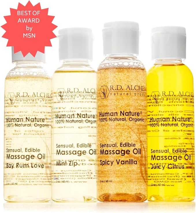 RD Alchemy - 100% Natural & Organic Edible Massage Oil 2-Piece Set - 4-Flavor Sample Pack + Body Massager. for Smooth, Sensual and Deep Tissue Massage.