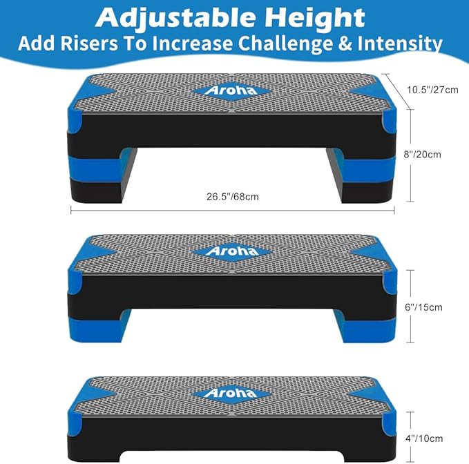 Adjustable Aerobic Exercise Step- Workout Step Platform, 26.5" Step Deck with 4", 6", 8" Height Risers, Women's Home Gym Fitness