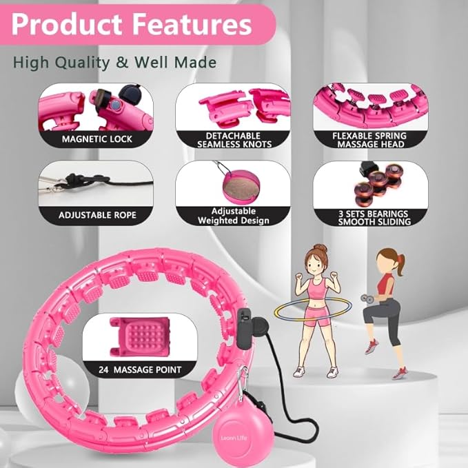 U1 Weighted Hula Hoop – 30 Knots 19"–61" Adjustable Waist, Magnetic Lock with Spring Massage Heads, Infinity Hoop Plus Size for Adults & Kids, Ab Workout, Weight Loss, Abdominal Toner