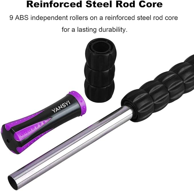 YANSYI 9-Roller Muscle Recovery Massage Stick - Deep Tissue Massager for Post-Workout Recovery & Pain Relief (Purple)