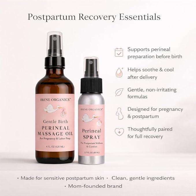 Organic Perineal Massage Oil Spray by Irene Organics for Pregnancy and Postpartum - Prevention for Perineum Tearing, All Natural, Third Trimester Pregnancy Must Haves for Childbirth (Perineal Bundle)