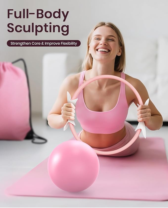 Pilates Ring Set for Women, Home Workout Pilates Equipment with Resistance Bands, 14'' Magic Circle, Mini Ball, Pilates Starter Kit for Strength, Compact Toning Fitness Workout Guide Included