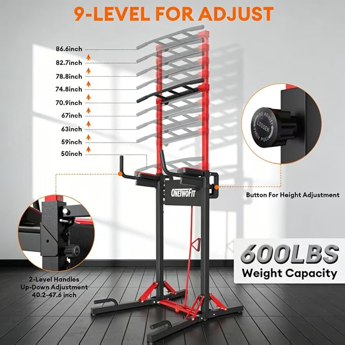 ONETWOFIT Foldable Power Tower Pull Up Bar Station, Multi-Function Adjustable Height Pull Up Dip Station for Gym Workout, Strength Training Fitness Equipment, Pull Up Stand Pro 400LBS/Pro Max 600LBS