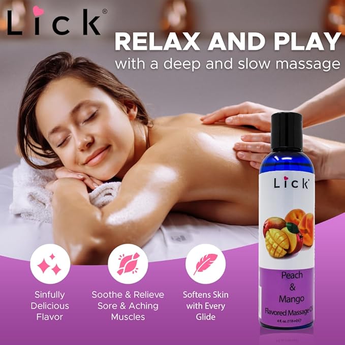 Lick Peach Mango Flavored Massage Oil – Juicy Tropical Blend Edible Massage Oil with Vitamin E, Lightweight Smooth Glide for Couples Massage & Sensory Play, 4 oz