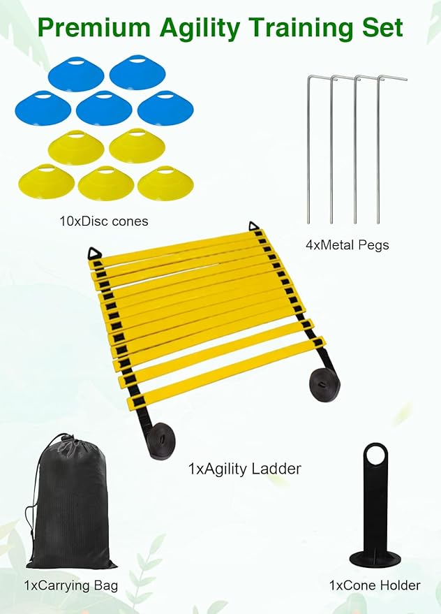 Speed Agility Training Equipment Set - 20ft Agility Ladder, 10 Disc Cones, Resistance Parachute, 5 Resistance Bands & Carry Bag | Football Soccer Basketball Fitness Drills
