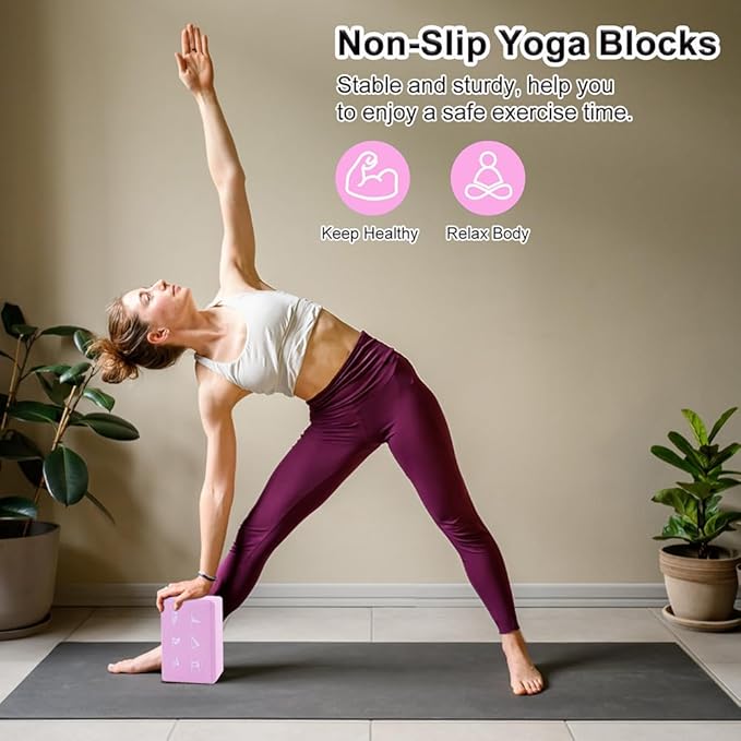 2 Yoga Block and 2 Yoga Strap Set,Non-slip EVA Foam Blocks, High Density Yoga Bricks with 6ft Strap, Supportive Latex-Free Yoga Block Accessories for Pilates