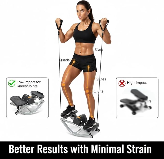 Rock Stepper Side to Side, Mini Stepper with Resistance Bands, Steppers for Exercise at Home, No Assembly Stair Climber for Full Body Workout, Digital Monitor Twist Action Cardio Machine