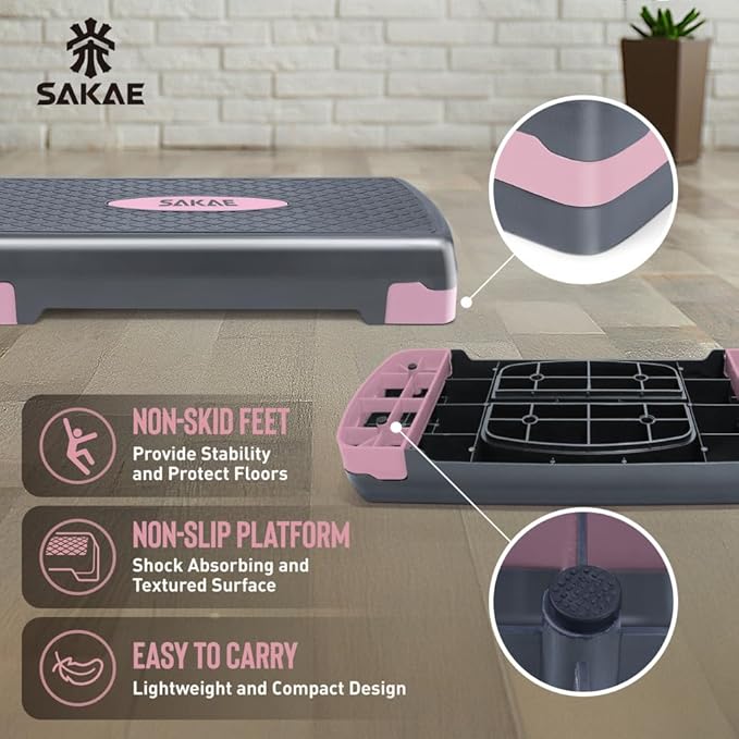 SAKAE Aerobic Step Platform Set with Waist Trimmer & Measuring Tape, Exercise Steppers for Home Exercise Fitness, Adjustable Height 2 Level Risers Workout Step Platform Trainer, Multiple Colors