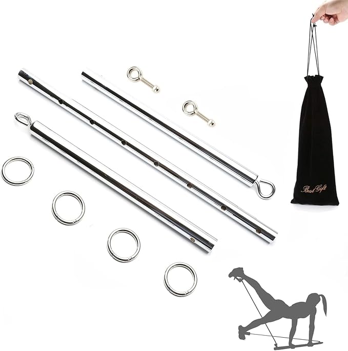 Silver Pilates Bar Kit with 4 Red Fur Straps - Includes Exercise Guide & Storage Bag for Home Fitness