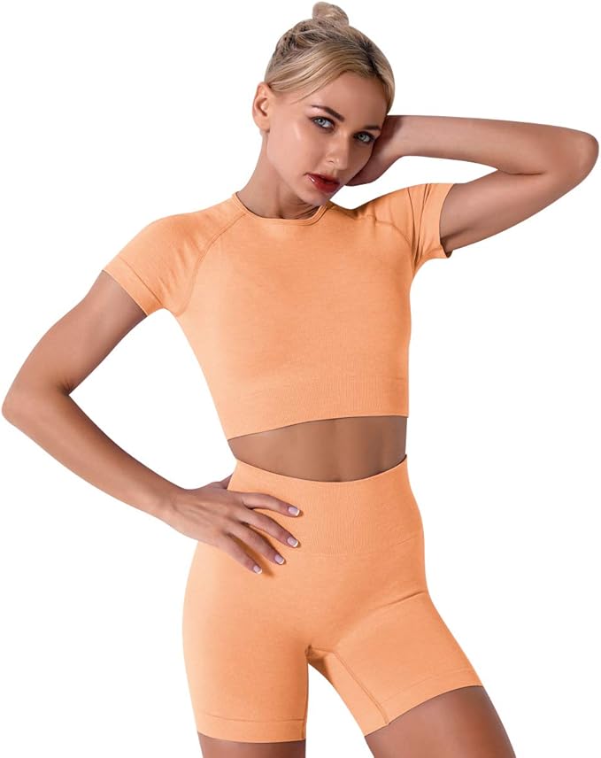 IMEKIS Women's Yoga Outfit Seamless Workout Set High Waist Exercise Shorts Pants with Sport Crop Top Bra 2PCS Gym Tracksuits