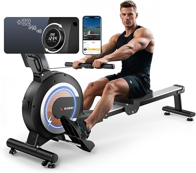 Rowing Machine,Wenoker Magnetic Rower Machine for Home,App Supported 350 LB Weight Capacity, Smooth Whisper Quiet with LCD Monitor Tablet Holder & Comfortable Seat Cushion, Compact and Saves Space