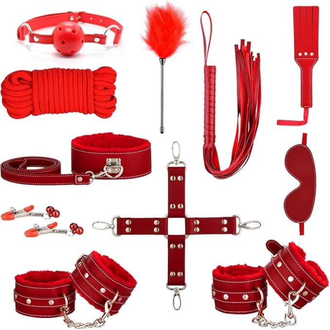 Pilates 11 Piece Fashion Design Leather Combination Set (Red), Fun Cosplay Racket Accessories, Wrist and Hip Yoga Supplies, Couple Gifts