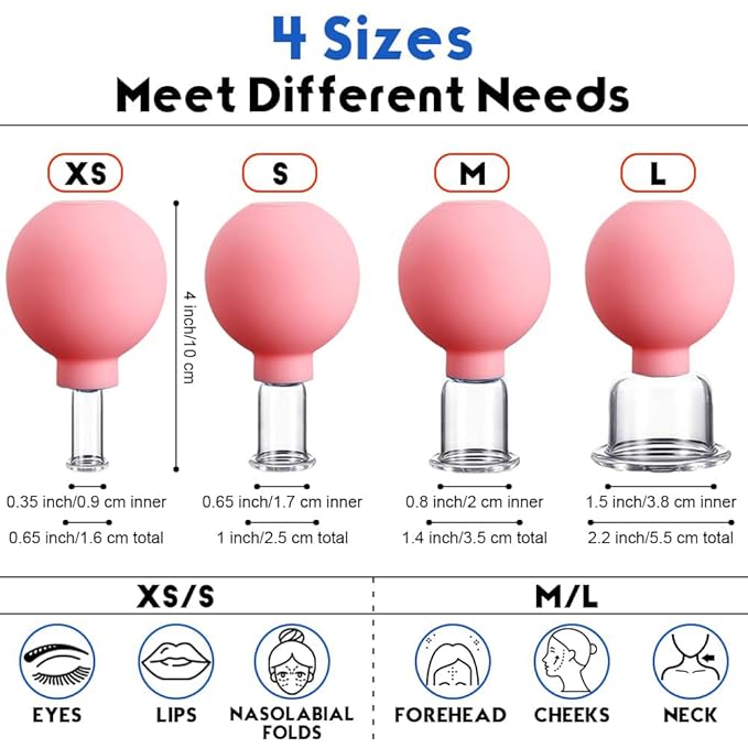 4 PCS Glass Facial Cupping Set | Silicone Vacuum Suction | Cupping Massage Therapy | A Kit For Anti Cellulite, Anti Wrinkle and Instantly Ageless Skin | For Eyes, Face and Body(Pink)