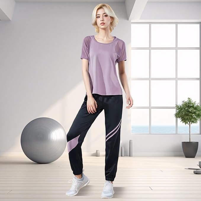 Black Pilates Set With Short Sleeve Top And Pants, Xxl, Elastic Waistband, Breathable Polyester-Spandex Fabric