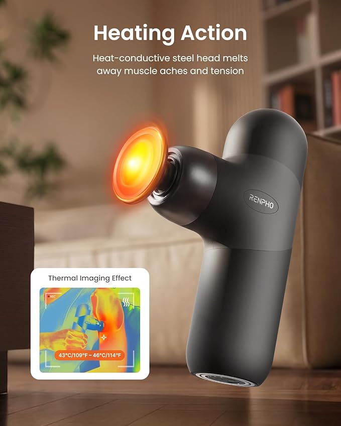 RENPHO Mini Thermal Deluxe Massage Gun with Quick Charging Dock and Heat, Color Silicone Sleeves, Travel Size Percussion Massager with Carry Case, Portable Deep Tissue Muscle Massager