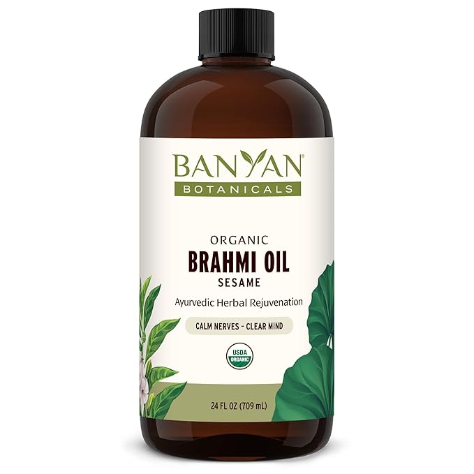 Banyan Botanicals Brahmi Oil with Sesame – Organic Ayurvedic Massage Oil with Gotu Kola and Bacopa ­­– Calming Massage Oil for Focus & Relaxation – 24 oz – Non GMO Sustainably Sourced Abhyanga Oil