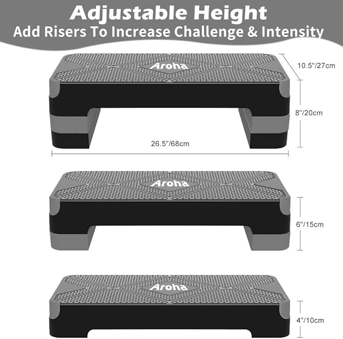 Adjustable Aerobic Exercise Step- Workout Step Platform, 26.5" Step Deck with 4", 6", 8" Height Risers, Women's Home Gym Fitness