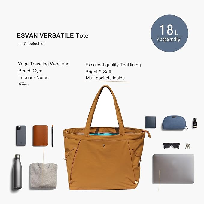 ESVAN Yoga Tote Bag for Women Shoulder Bags Drawstring for Office Workout Travel Carryall Pilates Gym and Beach