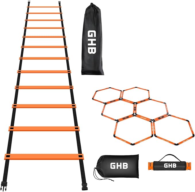 GHB Agility Ladder 1 Pack and Hex Agility Rings 1 Pack 12 Rung 20ft with 3 Carrying Bag