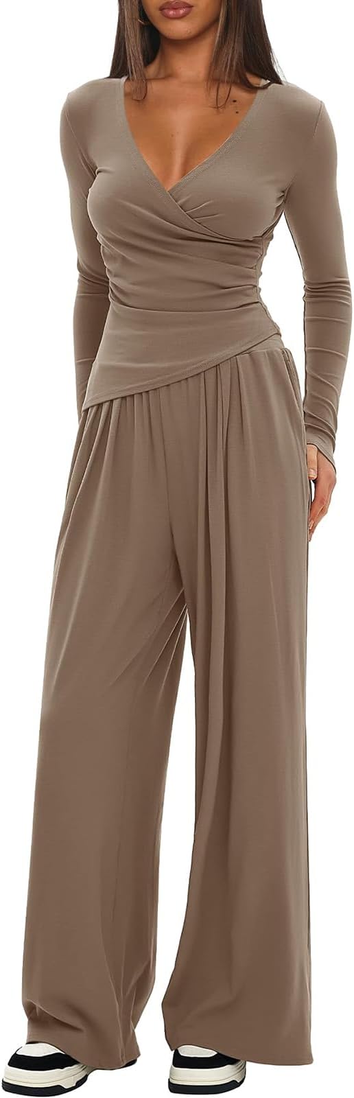 Womens 2 Piece Outfits Pilates Yoga Long Sleeve Tops Wide Leg Pants Sets Sexy Fashion Workout Outfits Casual Clothes