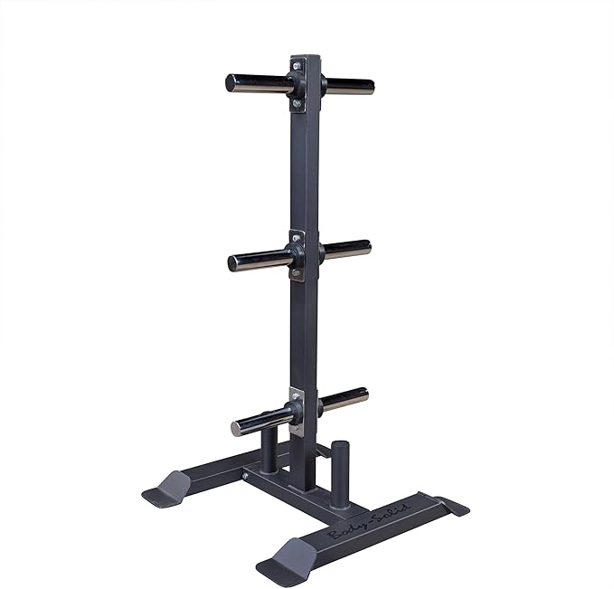 Body-Solid (GWT56) Heavy-Gauge Vertical Weight Tree Rack & Olympic Bar Holder, Commercial Bumper Plate Storage with 6 Chrome Weight Horns, Home Gym Weight Plates & Barbell Stand, 1000 lbs Capacity