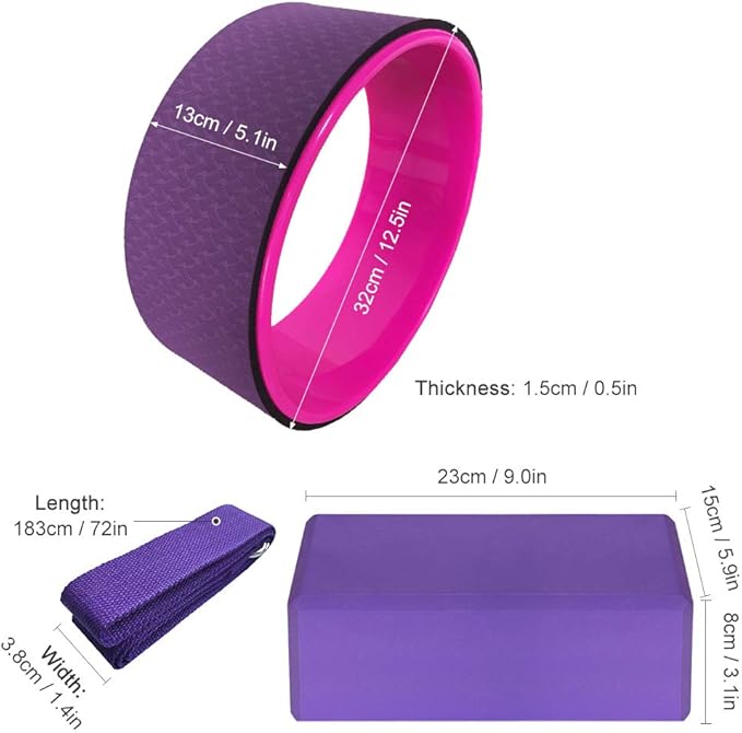 Yoga Wheel Cotton Stretching Strap Set Stability Blocks Pilates Exercise Pack for Beginners (Purple)
