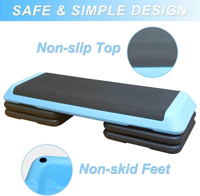 43'' Exercise Aerobic Step Platform, Adjustable Height 4-6-8in Exercise Stepper Workout with 4 Detachable Risers, Aerobics Stepper Workout Stepper for Home Gym Cardio Strength & Training