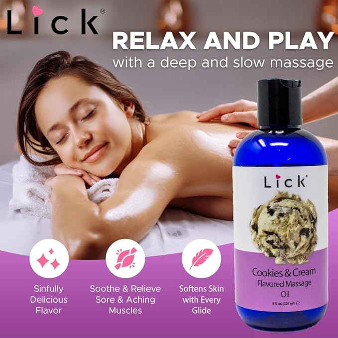 Lick Cookies and Cream Flavored Massage Oil – Creamy Dessert Edible Massage Oil with Sweet Almond Oil & Vitamin E, Smooth Glide for Couples Massage, 8 oz