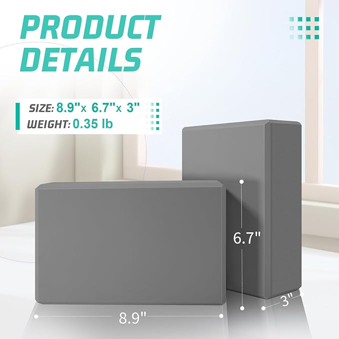 Yoga Blocks 4 Pack - Premium 3"x6"x9" EVA Foam Bricks for Pilates Workout, Stretching, Meditation | Non-slip and Lightweight Yoga Bricks for Flexibility, Balance, Spine Strength
