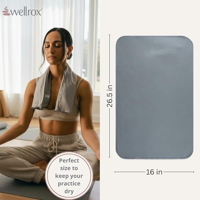 Wellrox Microfiber Yoga Hand Towel – Super Soft, Quick-Dry, Non Slip Yoga Towel for Hot Pilates, Gym & Workouts (26.5" x 16", Grey)