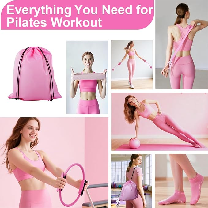 Pilates Equipment Kit for Women, Magic Circle Ring with Mini Ball, Multi Level Resistance Bands, Stretch Strap and Grip Socks, Women’s Day Gift