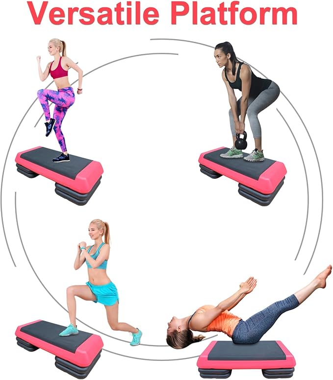 Adjustable Workout Aerobic Stepper in Fitness & Exercise Step Platform Trainer Red Black with 2 Risers