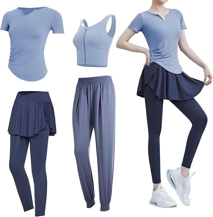 Women'S Yoga Exercise Kit, 4 Piece Pilates Clothing Set, Polyester Spandex, Includes Tank Sports Bra And Short Sleeves, Xxl Size Fits 135-150