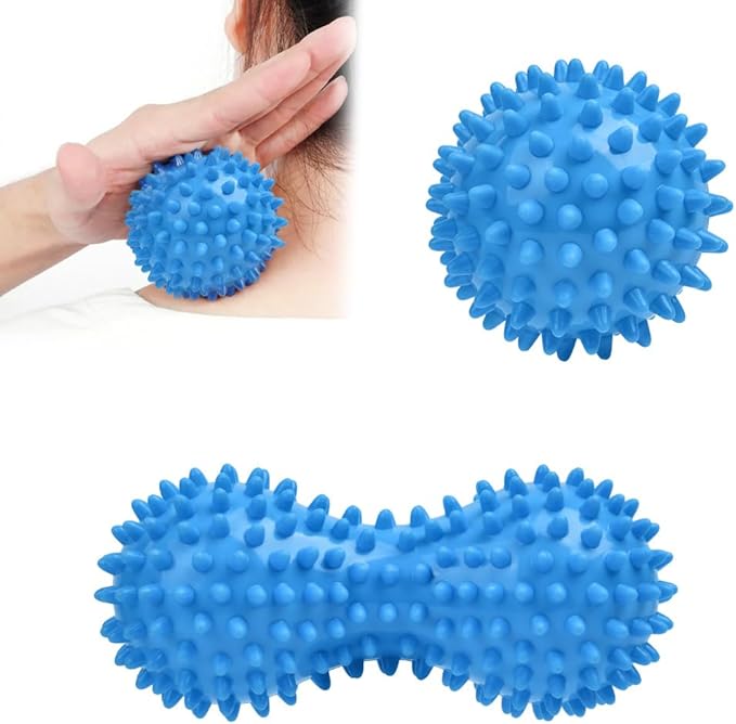 URAQT Spiky Massage Ball Set, 2 Pack Physical Therapy Massage Balls, Hard Lacrosse Ball & Spiky Massage Ball for Myofascial Release and Trigger Point Deep Tissue Massage (Blue)