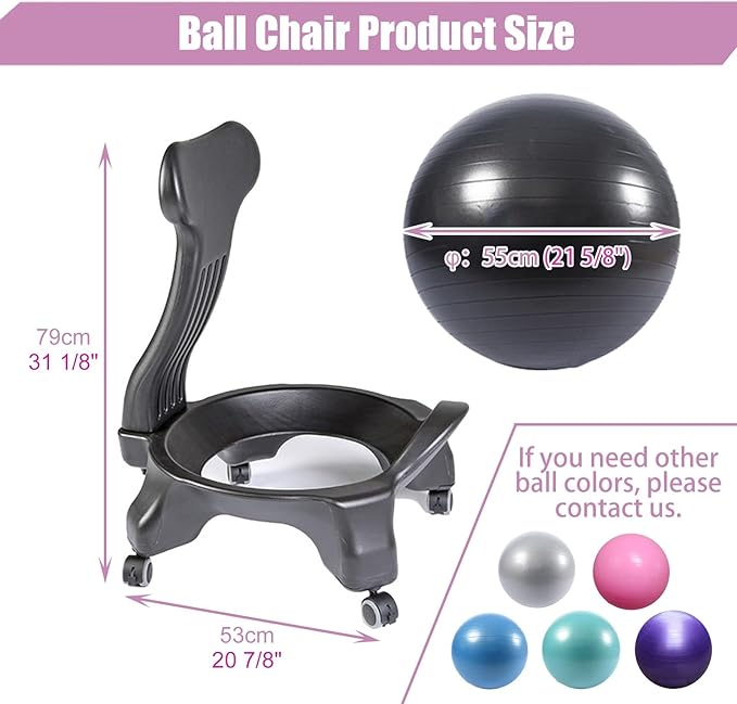 Purple Yoga Ball Office Chair with Wheels, Stability Balance Ball Chair for Desk, Ergonomic Exercise Ball Chair with Pump, Strength Posture