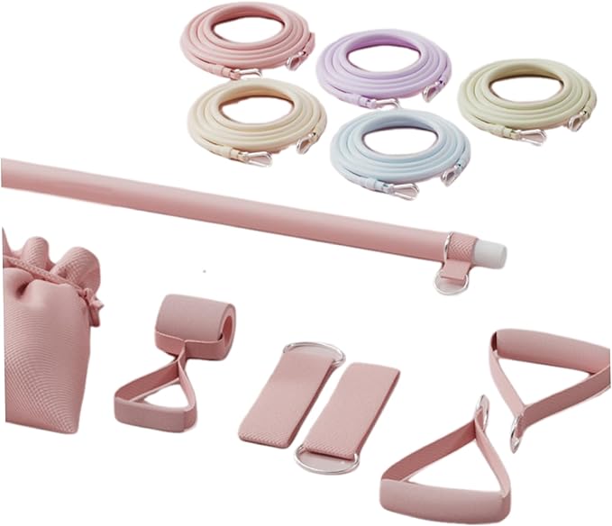 Pilates Set with 5 Adjustable Resistance Bands Elastic Pilates Essentials Kit for Home Fitness, Stretching, Strength Training Bar Board Essentials Kit for Women