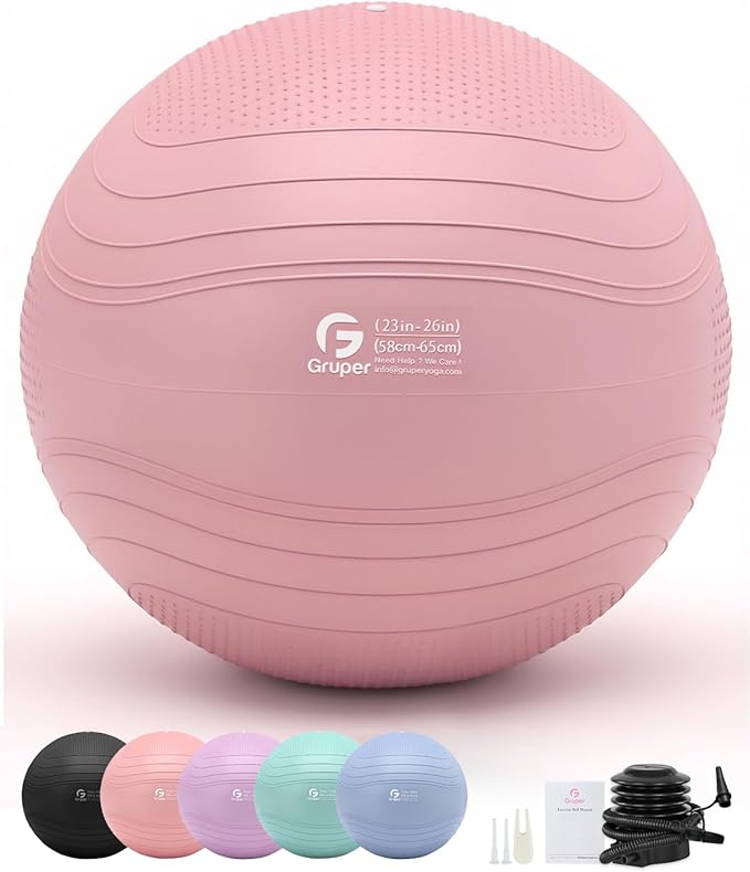 Gruper Yoga Ball, Extra Thick Exercise Ball for Workout Pregnancy Stability - 4 Sizes Anti Burst Balance Ball for Yoga, Pilates, Fitness, Birthing, Physical Therapy - Includes Pump