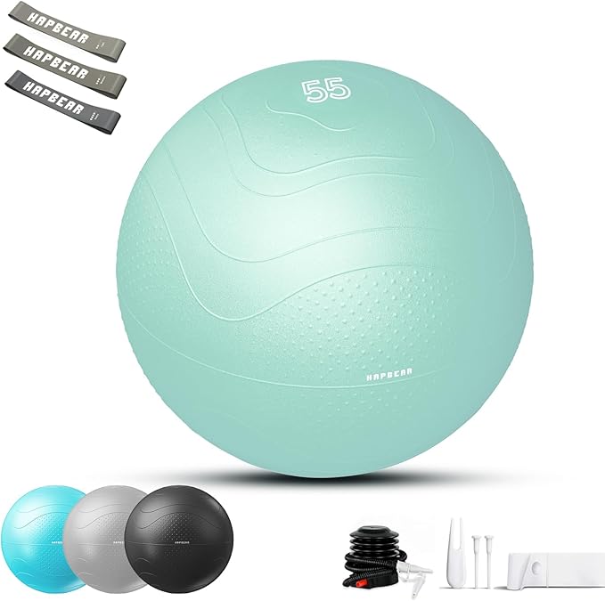 HAPBEAR Exercise Ball (22''/26''/30'') - Anti-Burst Slip-Resistant Yoga/Pilates Ball for Core Training & Posture Improvement, Home Gym/Rehab/Pregnancy Ball, Quick Pump & 3 Resistance Bands Included