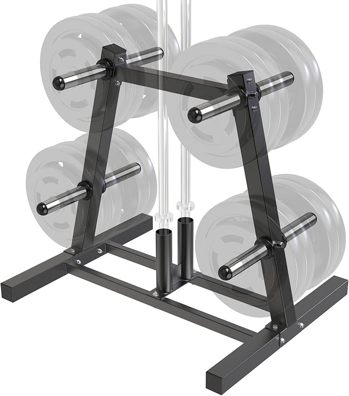 SELEWARE Olympic Weight Plate Tree Rack with 8 Weight Pegs & 2 Barbell Holders, Heavy-Duty Steel Gym Storage Organizer with Locking Wheels for 2 Inch Olympic Plates & Bars