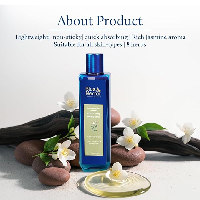 Blue Nectar Sensuous Jasmine Body Massage Oil for Relaxing Massage Therapy with Essential Oils | 100% Natural Ingredients (8 Herbs, 6.76 fl oz)
